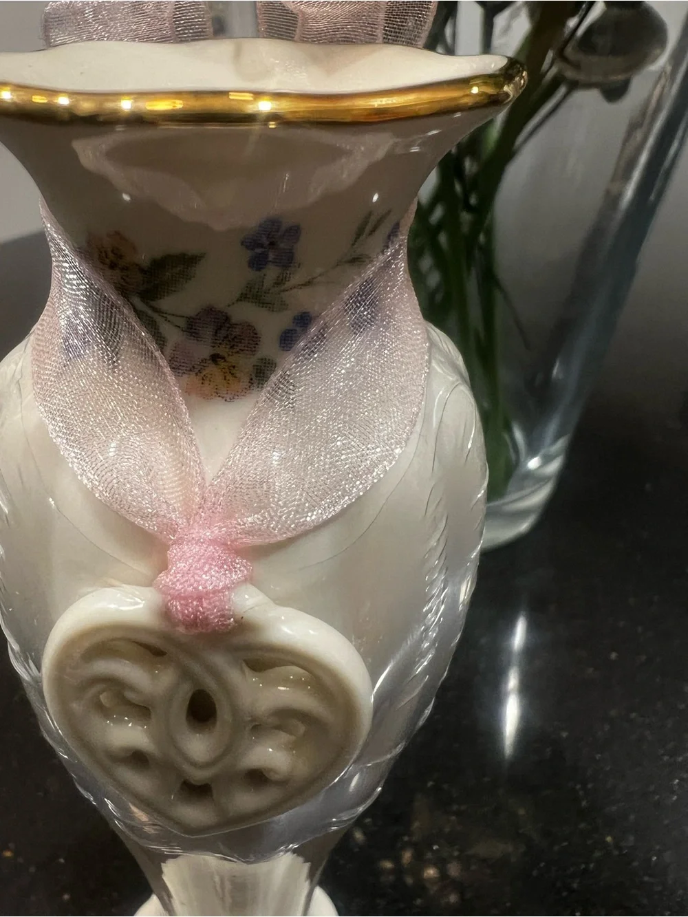 Lenox Cream Porcelain Heart Motif Bud Vase with Pink Ribbon Accent